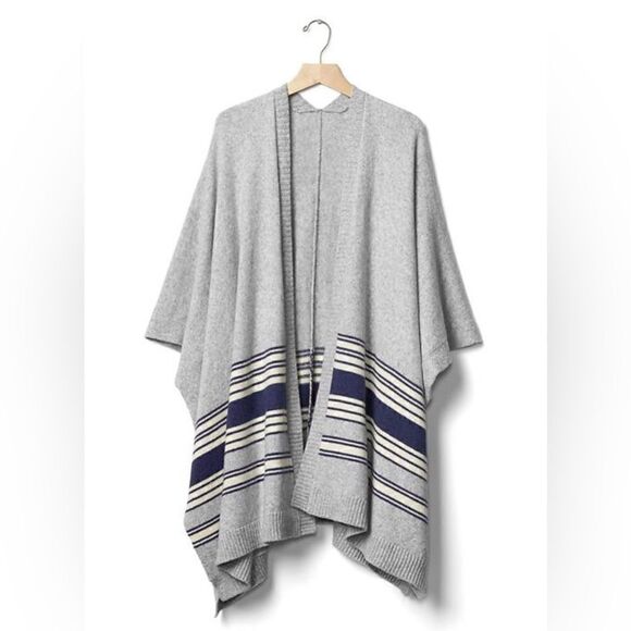 GAP Gray Western Wrap Poncho Cardigan Cape Wool Camel Hair Blend Blue Stripes - Picture 7 of 11